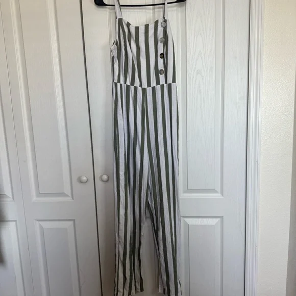 C&C California Olive and White Striped Jumpsuit - Picture 1 of 7